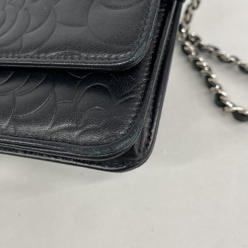 【6fc3628-k】シャネル ショルダーウォレット カメリア チェーンショルダー ラムスキン ブラック シルバー金具【中古】レディース