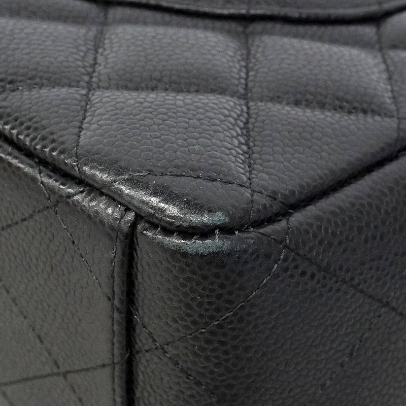 【6fc3749】シャネル ショルダーバッグ デカマトラッセ Wフラップ Wチェーン キャビアスキン ブラック シルバー金具【中古】レディース