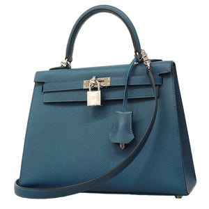 ★SALE【6fc3899-g】エルメス ハンドバッグ ケリー25 ヴォーエプソン ディープブルー シルバー金具 W刻印 2wayバッグ【中古】レディース
