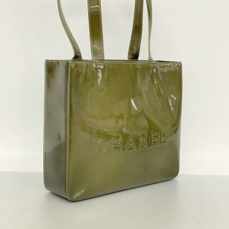 【6fc4231】シャネル ハンドバッグ パテントレザー モスグリーン ゴールド金具【中古】レディース
