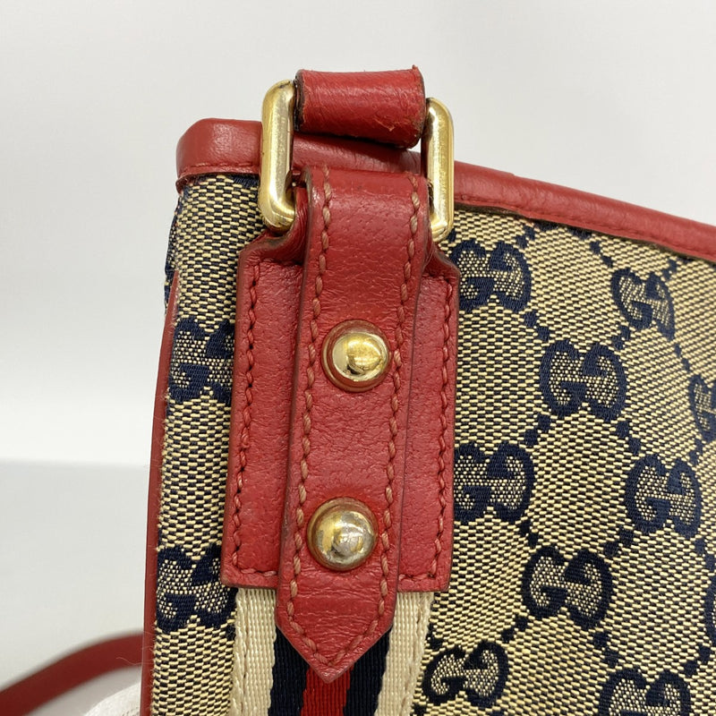 【6fc4274-k】グッチ ショルダーバッグ GGキャンバス 144388 キャンバス ネイビー レッド ゴールド金具【中古】レディース