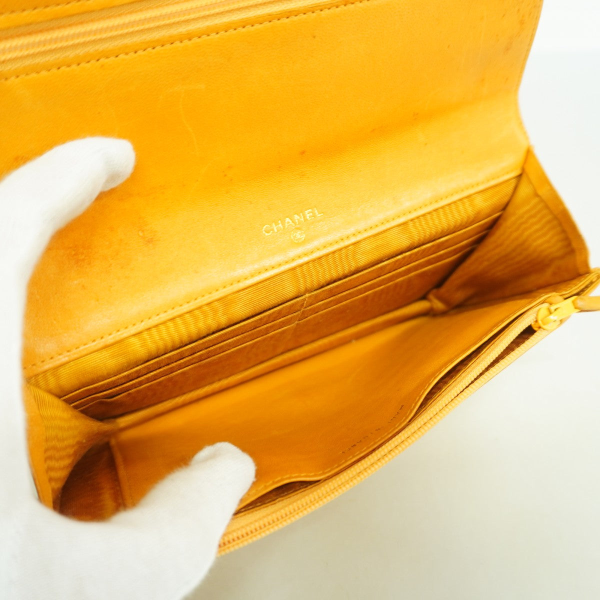 【6fc4327-k】シャネル 長財布 キャビアスキン イエロー ゴールド金具【中古】レディース