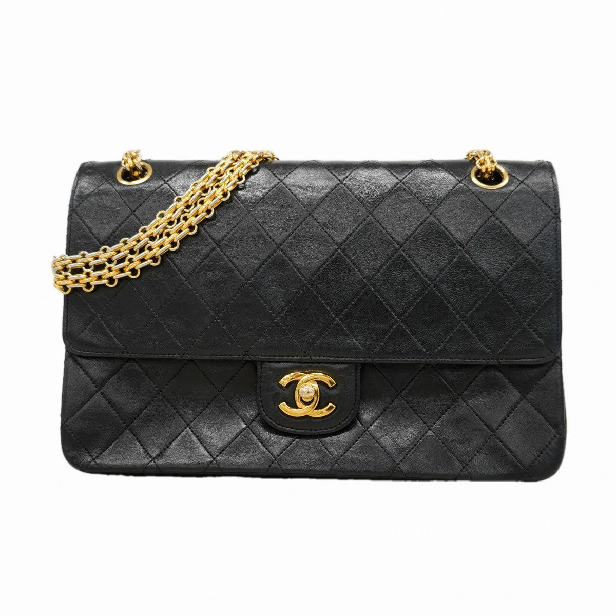 【6fc4438】シャネル ショルダーバッグ マトラッセ Wフラップ Wチェーン ラムスキン ブラック ゴールド金具【中古】レディース