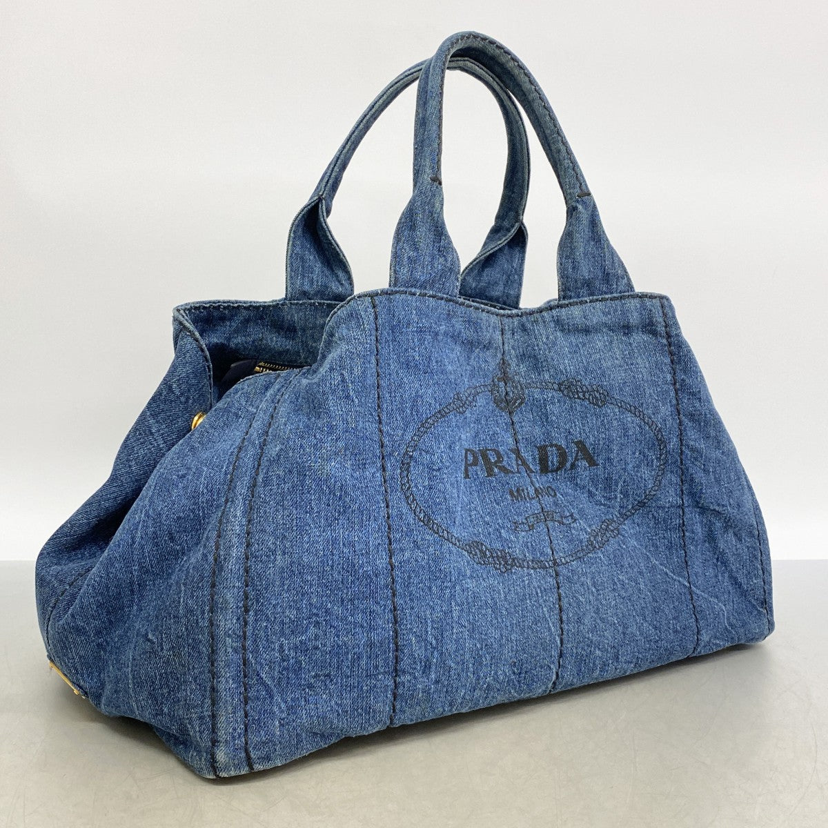 【6fc4565-k】プラダ ハンドバッグ カナパ デニム ネイビー ゴールド金具【中古】レディース