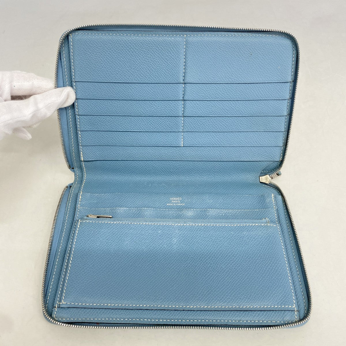 【6fc4598】エルメス 長財布 アザップコンバイン ヴォーエプソン ブルージーン シルバー金具 □K刻印【中古】メンズ レディース ユニセックス