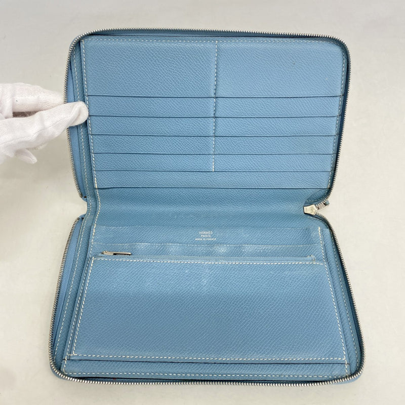 【6fc4598】エルメス 長財布 アザップコンバイン ヴォーエプソン ブルージーン シルバー金具 □K刻印【中古】メンズ レディース ユニセックス