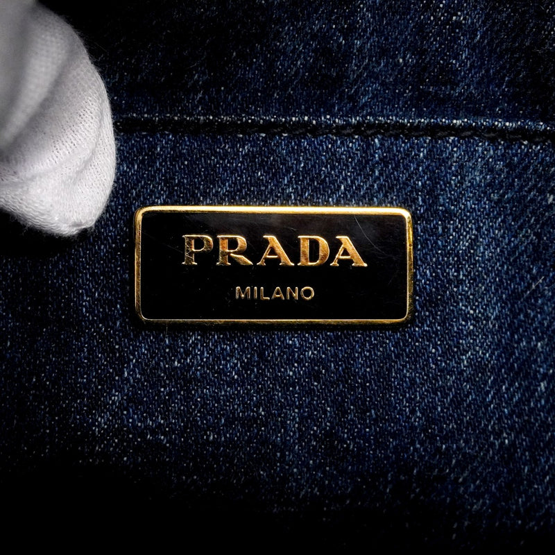 【6fc4606-k】プラダ トートバッグ カナパ デニム ブルー ゴールド金具 2wayバッグ【中古】レディース