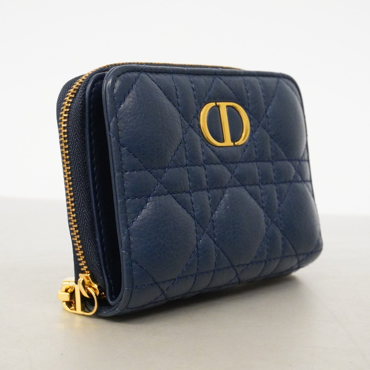 【6fd4683】クリスチャンディオール 財布 カナージュ レザー ブルー ゴールド金具【中古】レディース