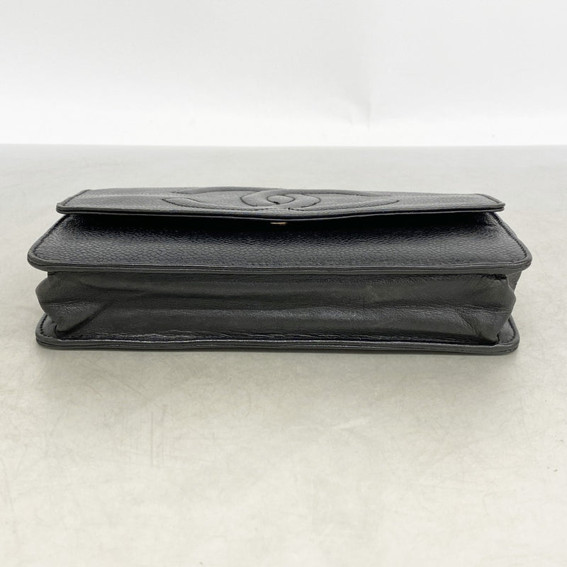 【6fd4737-k】シャネル ショルダーウォレット チェーンショルダー キャビアスキン ブラック ゴールド金具【中古】レディース
