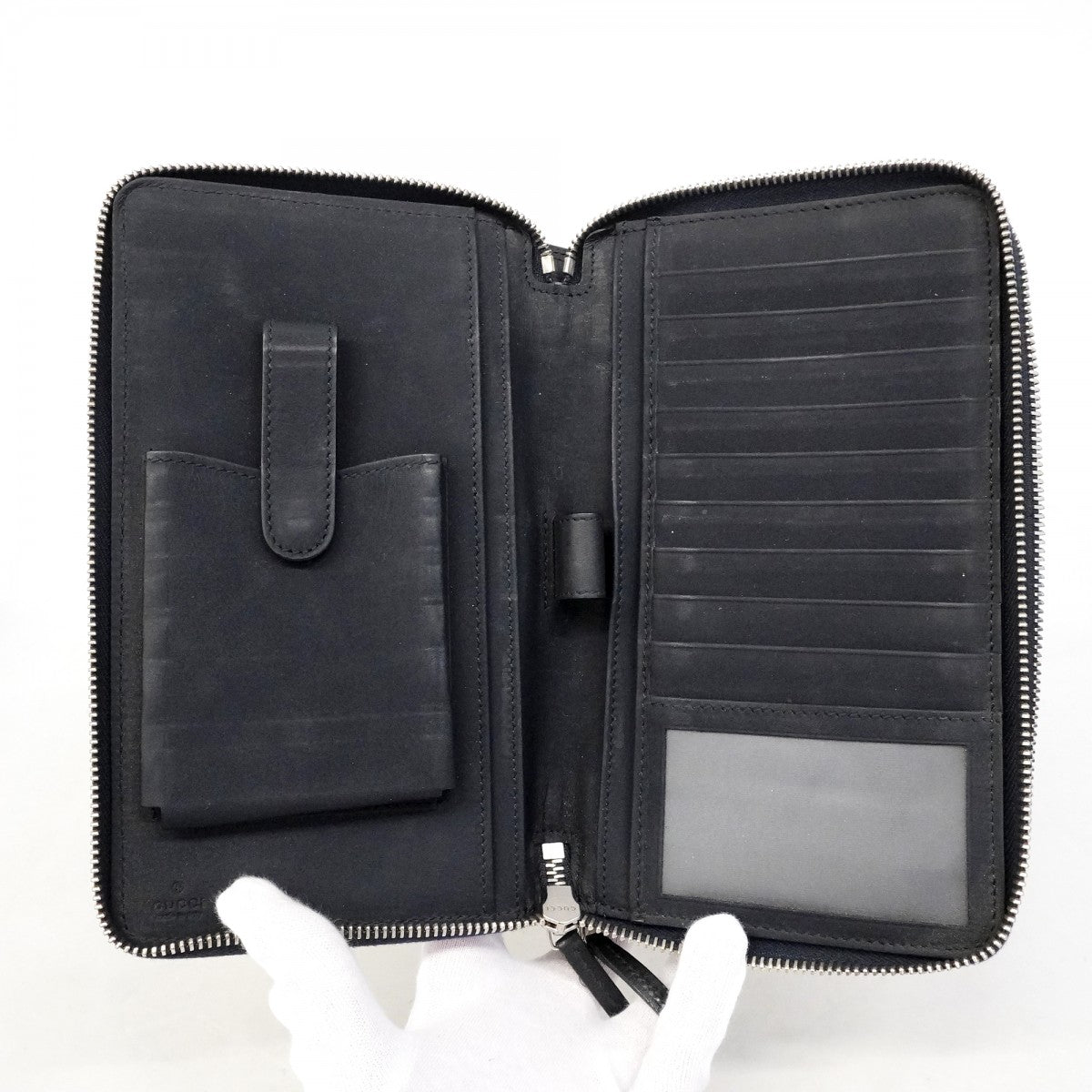 【6fd4959-k】グッチ 長財布 グッチシマ 336298 レザー ネイビー シルバー金具【中古】メンズ