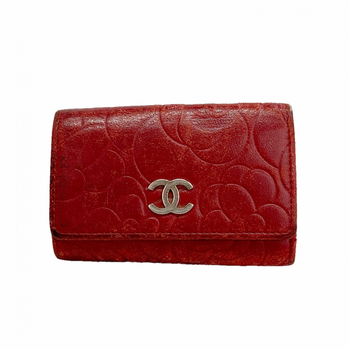 【6fd5067-k】シャネル キーケース カメリア ラムスキン レッド シルバー金具【中古】レディース