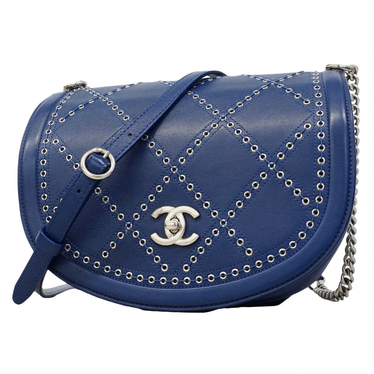【6fd5326】シャネル ショルダーバッグ チェーンショルダー ココアイレット レザー ブルー シルバー金具【中古】レディース