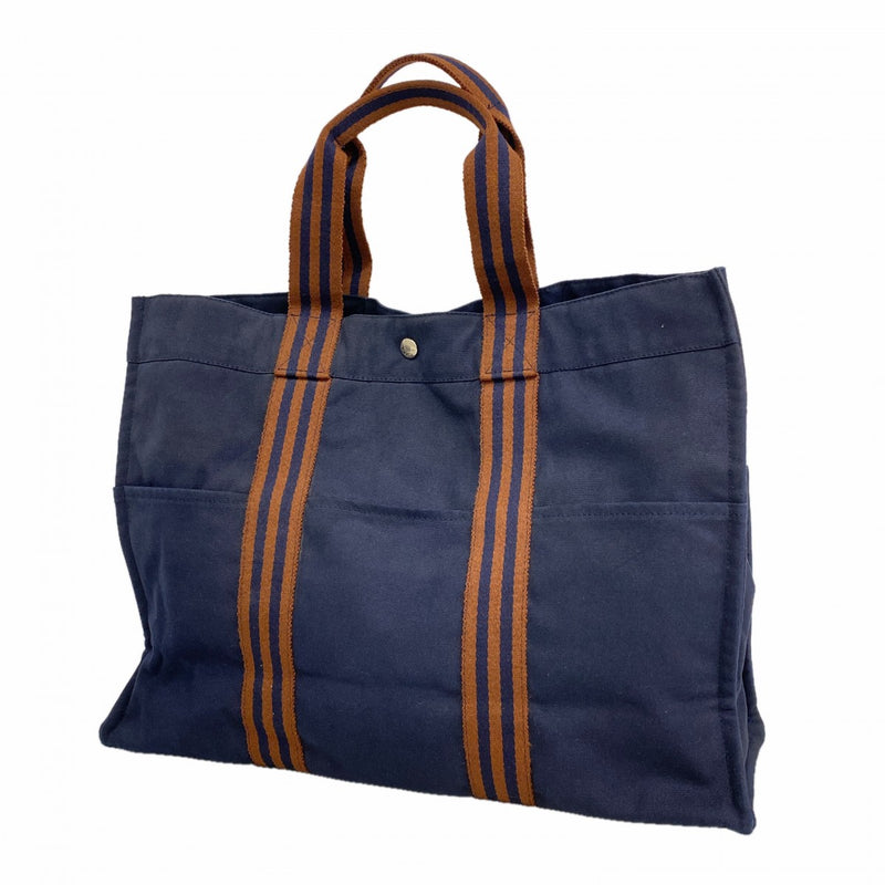【6fd5342】エルメス トートバッグ フールトゥGM キャンバス ネイビー シルバー金具【中古】メンズ レディース ユニセックス