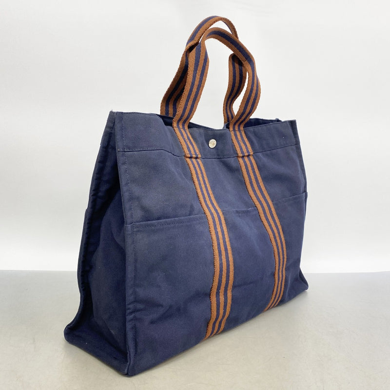 【6fd5342】エルメス トートバッグ フールトゥGM キャンバス ネイビー シルバー金具【中古】メンズ レディース ユニセックス