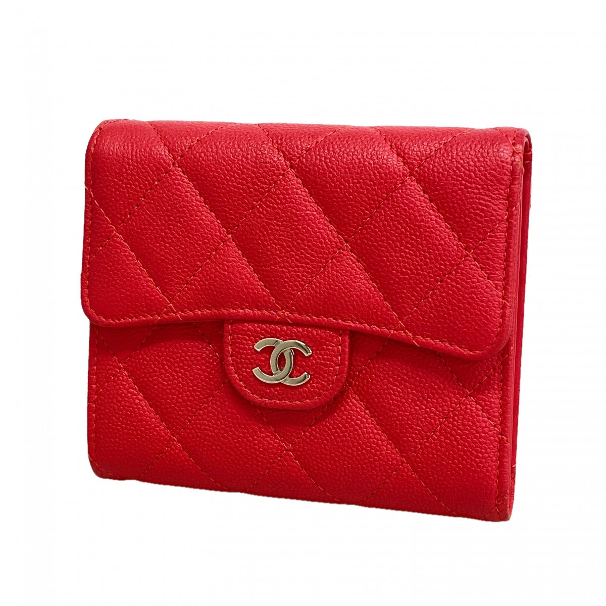 【6fd5407】シャネル 三つ折り財布 マトラッセ キャビアスキン レッド シルバー金具【中古】レディース
