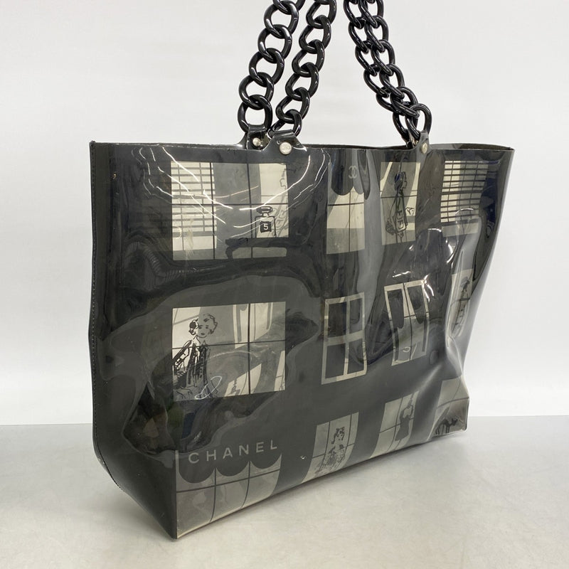 【6fd5429】シャネル チェーントート ウィンドウズライン ビニール ブラック クリア シルバー金具【中古】レディース