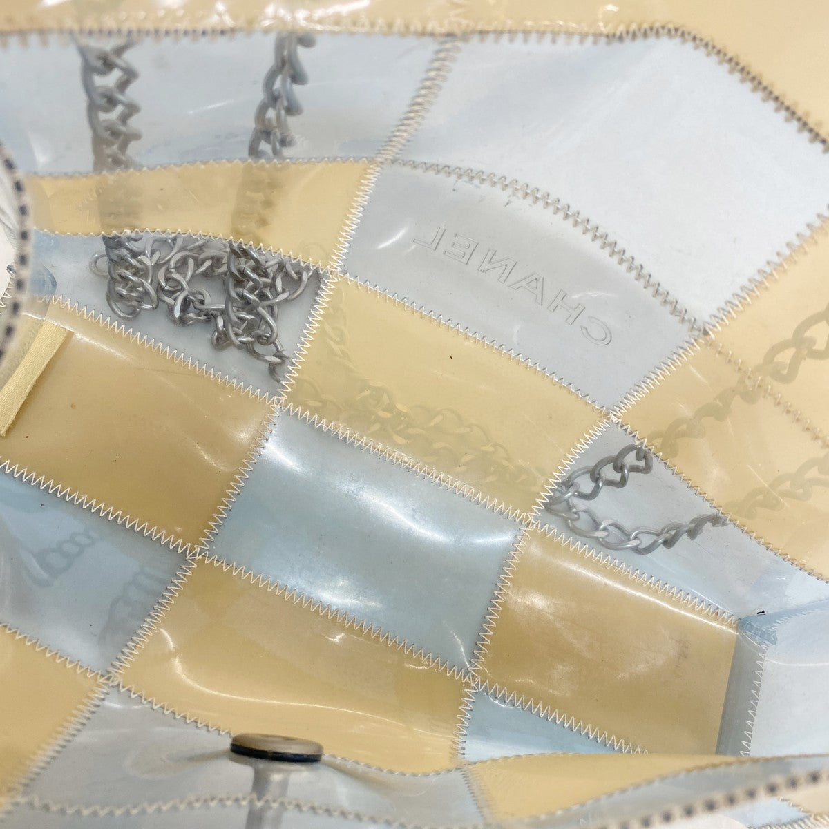【6fd5430】シャネル ショルダーバッグ チョコバー Wチェーン ビニール ベージュ ブルー シルバー金具【中古】レディース