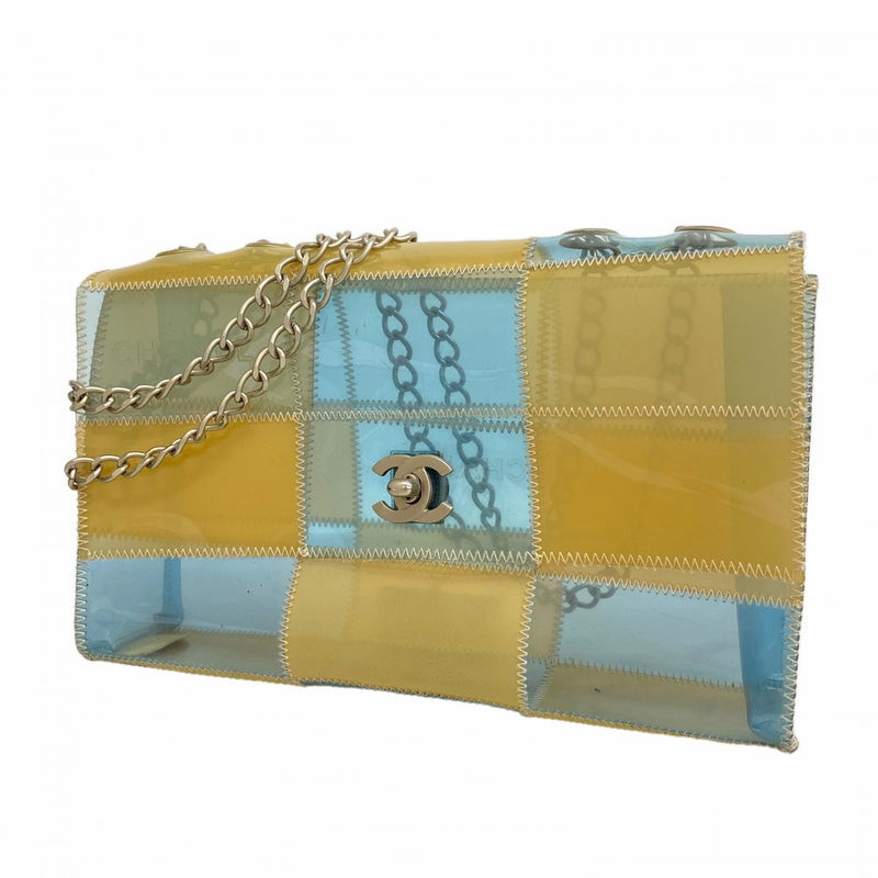 【6fd5430】シャネル ショルダーバッグ チョコバー Wチェーン ビニール ベージュ ブルー シルバー金具【中古】レディース