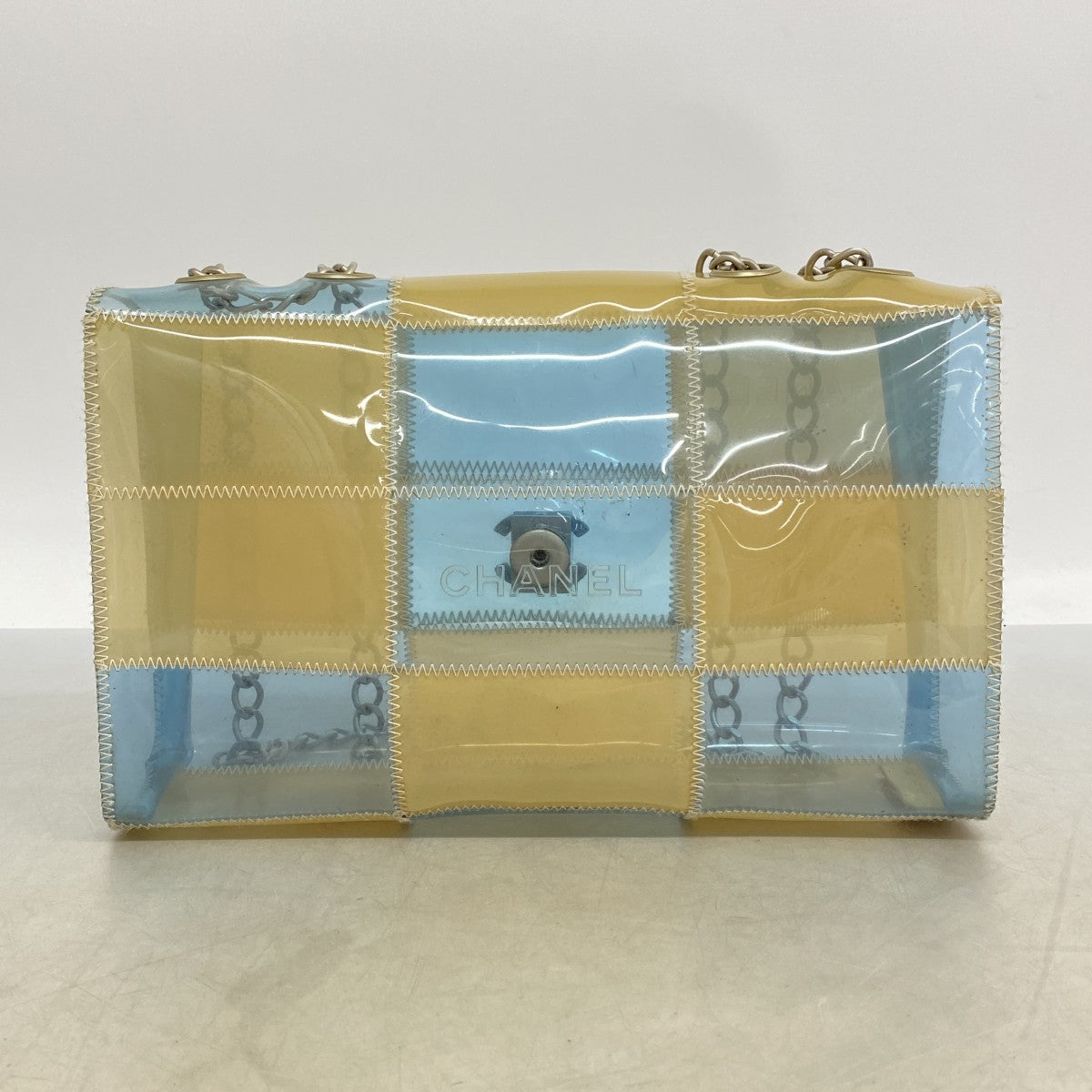 【6fd5430】シャネル ショルダーバッグ チョコバー Wチェーン ビニール ベージュ ブルー シルバー金具【中古】レディース