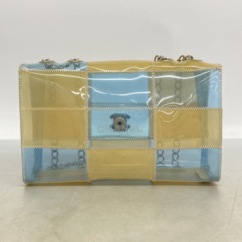 【6fd5430】シャネル ショルダーバッグ チョコバー Wチェーン ビニール ベージュ ブルー シルバー金具【中古】レディース