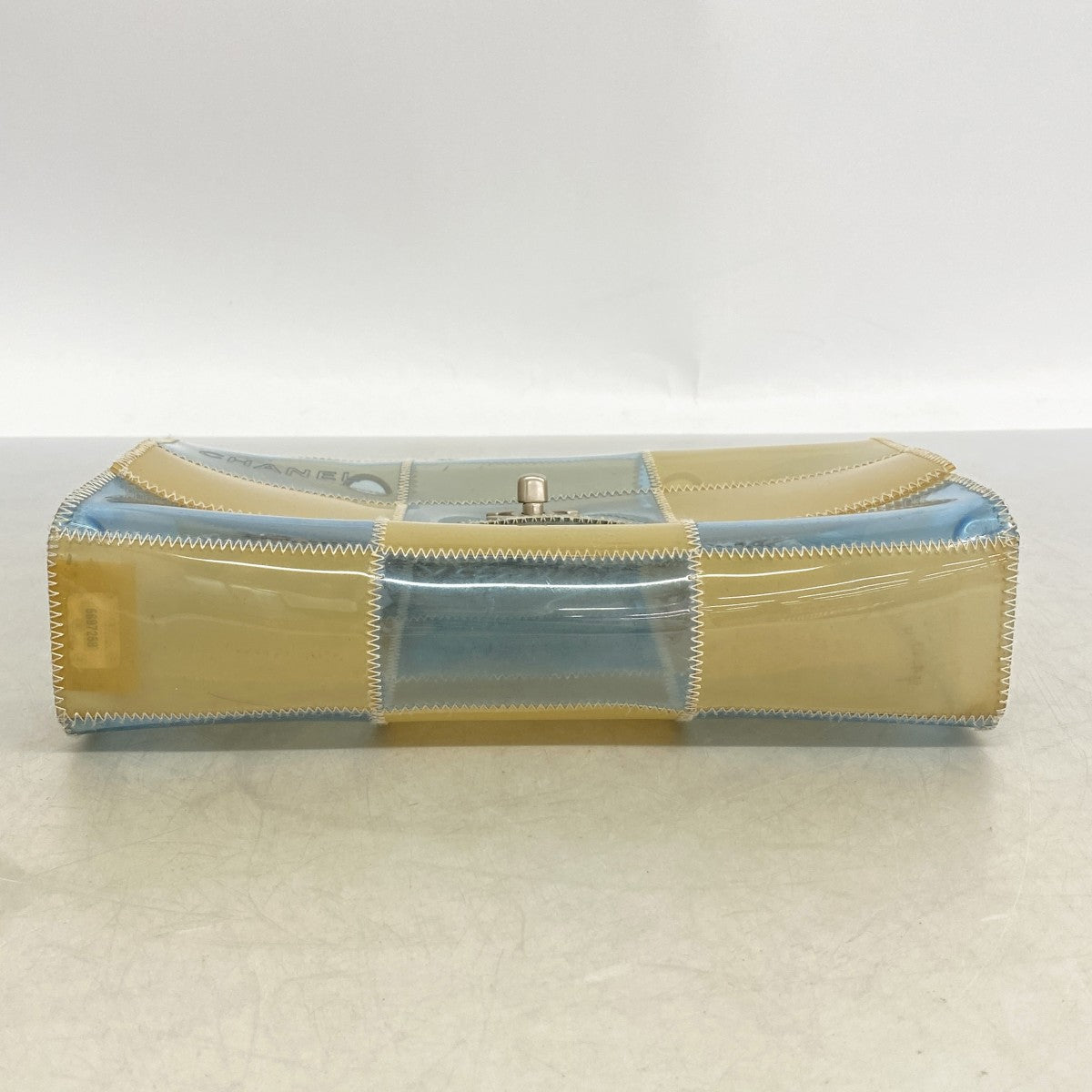 【6fd5430】シャネル ショルダーバッグ チョコバー Wチェーン ビニール ベージュ ブルー シルバー金具【中古】レディース