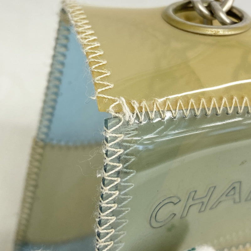 【6fd5430】シャネル ショルダーバッグ チョコバー Wチェーン ビニール ベージュ ブルー シルバー金具【中古】レディース
