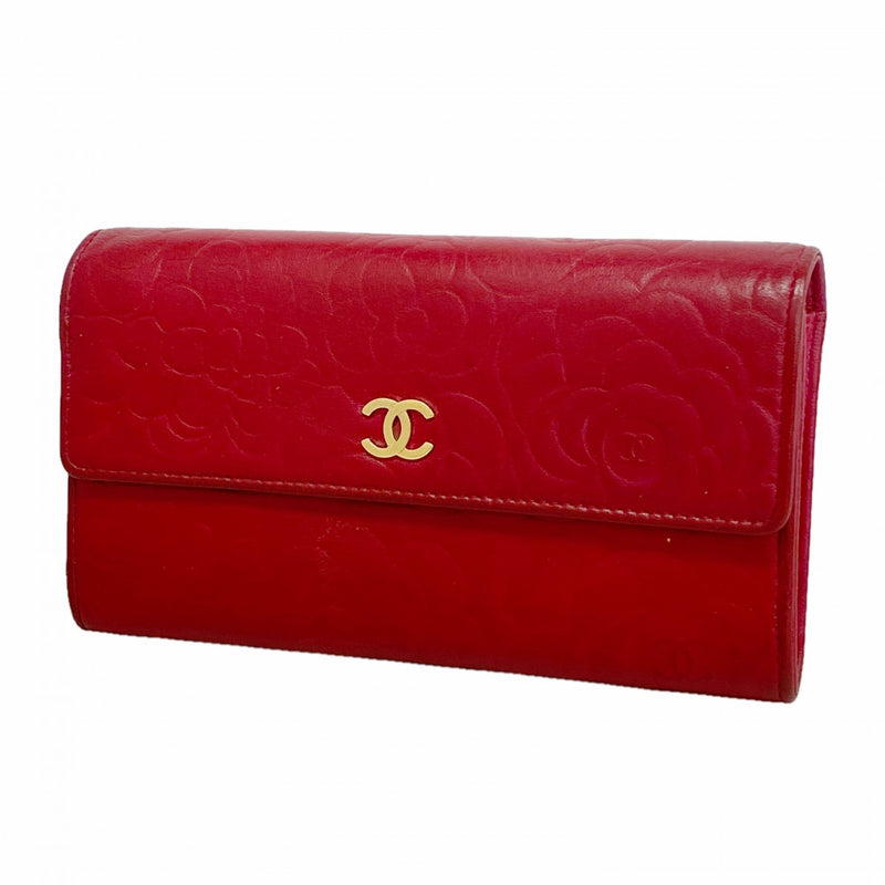 【6fd5435】シャネル 長財布 カメリア ラムスキン レッド ピンク ゴールド金具【中古】レディース