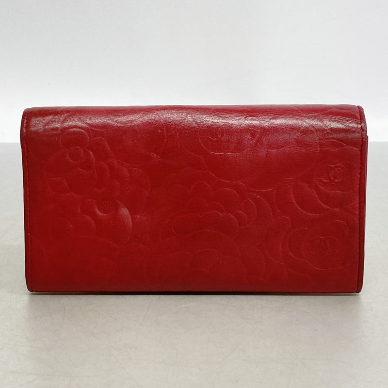 【6fd5435】シャネル 長財布 カメリア ラムスキン レッド ピンク ゴールド金具【中古】レディース