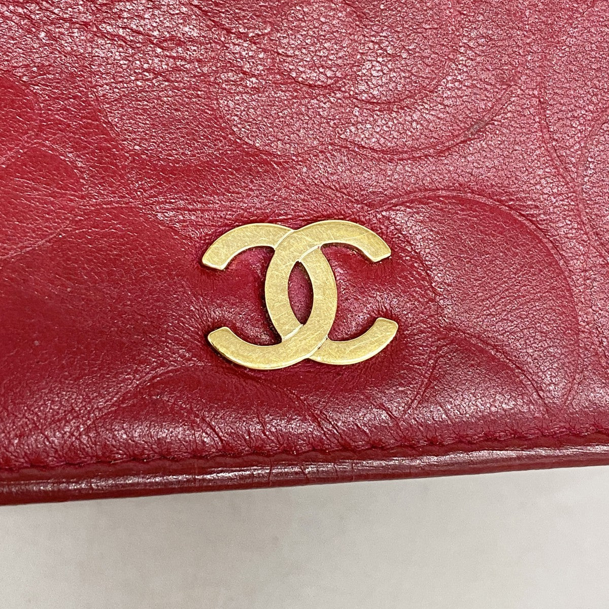 【6fd5435】シャネル 長財布 カメリア ラムスキン レッド ピンク ゴールド金具【中古】レディース