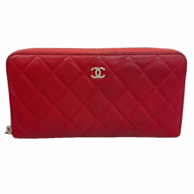 【6fd5457-k】シャネル 長財布 マトラッセ キャビアスキン レッド シルバー金具【中古】レディース