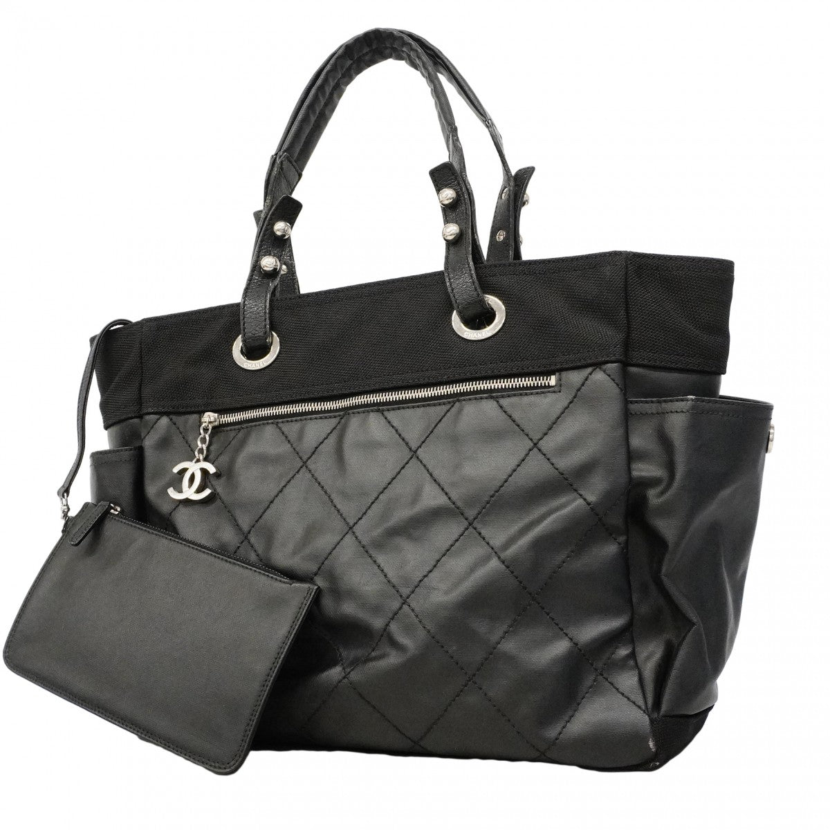 【6fd5463】シャネル トートバッグ パリビアリッツ キャンバス ブラック シルバー金具【中古】レディース