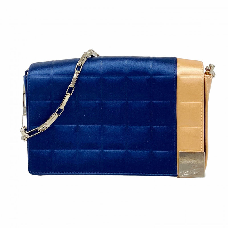 【6fd5490-k】シャネル ショルダーバッグ チョコバー チェーンショルダー サテン ネイビー オレンジ シルバー金具【中古】レディース