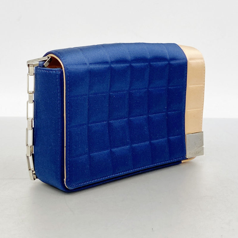 【6fd5490-k】シャネル ショルダーバッグ チョコバー チェーンショルダー サテン ネイビー オレンジ シルバー金具【中古】レディース
