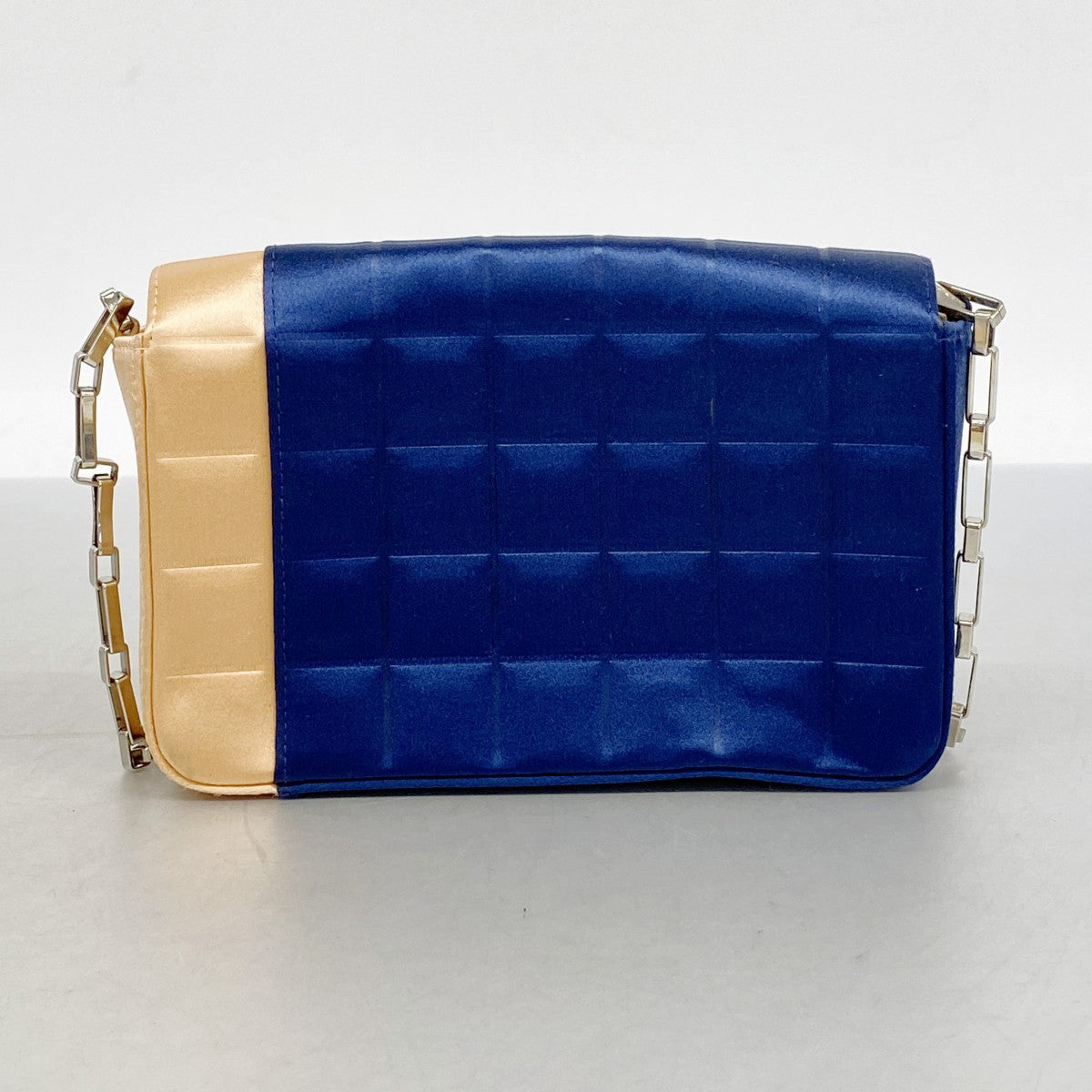 【6fd5490-k】シャネル ショルダーバッグ チョコバー チェーンショルダー サテン ネイビー オレンジ シルバー金具【中古】レディース