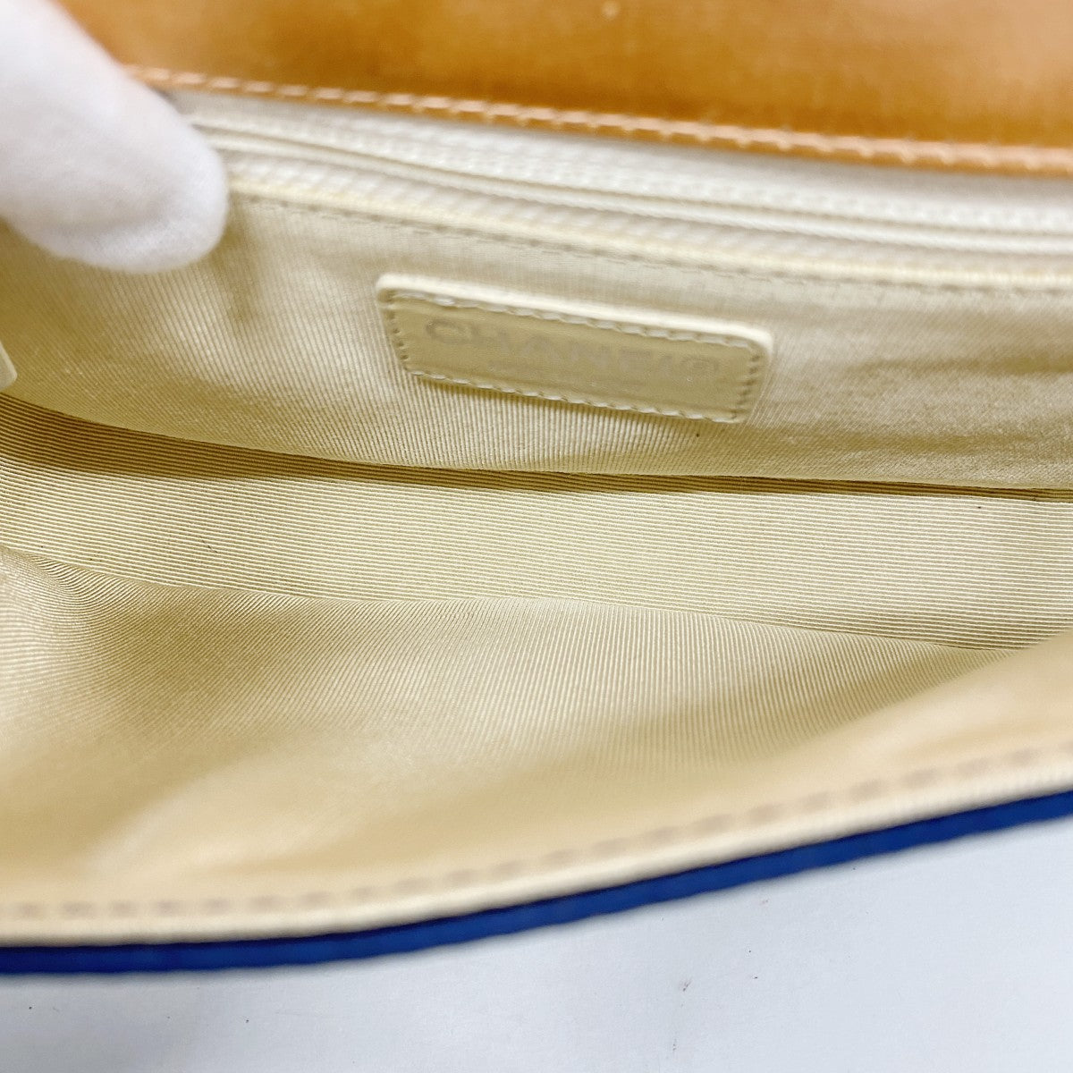 【6fd5490-k】シャネル ショルダーバッグ チョコバー チェーンショルダー サテン ネイビー オレンジ シルバー金具【中古】レディース