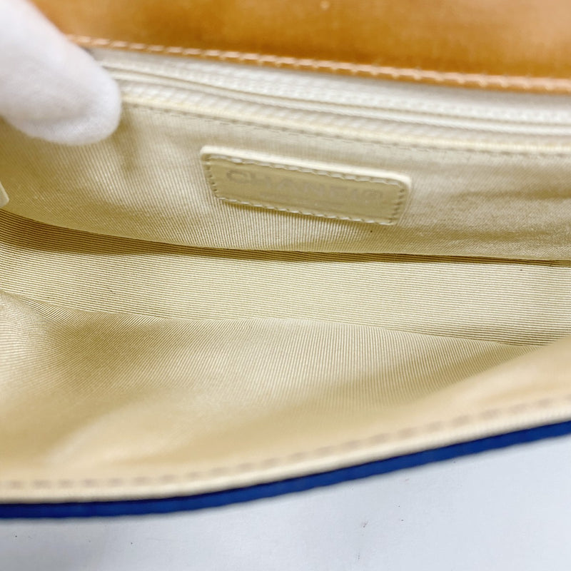 【6fd5490-k】シャネル ショルダーバッグ チョコバー チェーンショルダー サテン ネイビー オレンジ シルバー金具【中古】レディース
