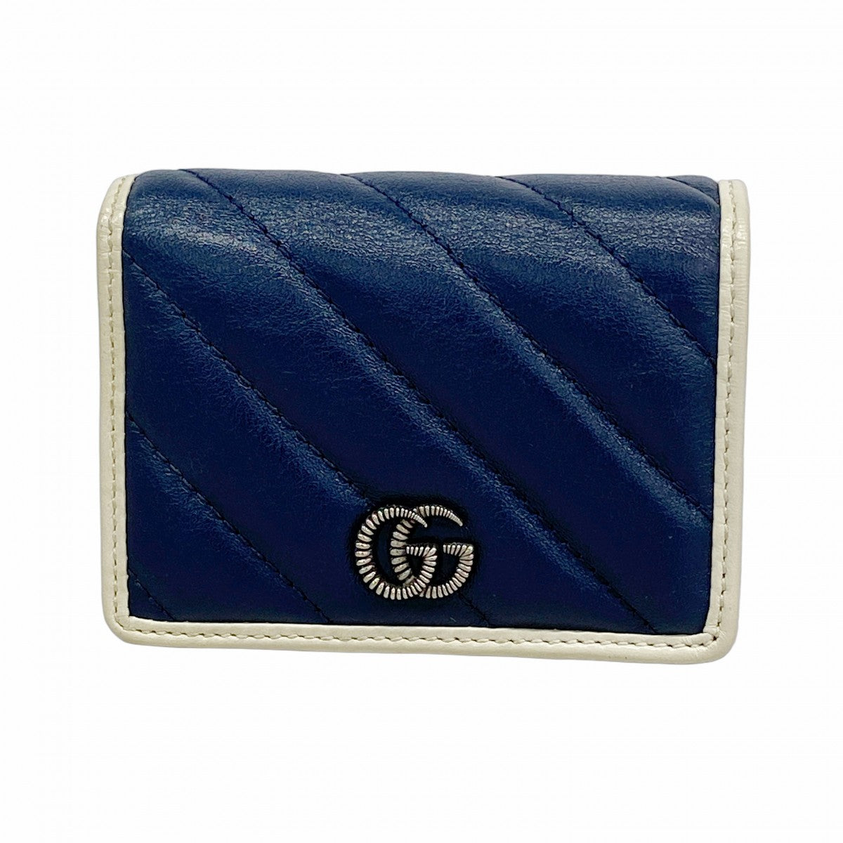 【6fd5509-k】グッチ 財布 GGマーモント 573811 レザー ネイビー アイボリー シルバー金具【中古】レディース