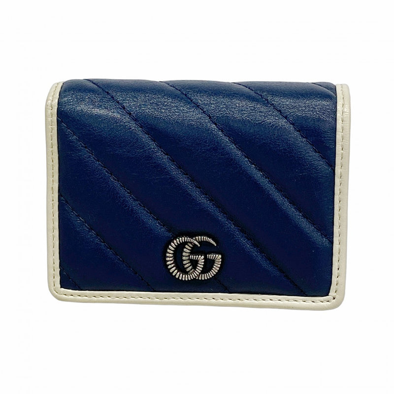【6fd5509-k】グッチ 財布 GGマーモント 573811 レザー ネイビー アイボリー シルバー金具【中古】レディース