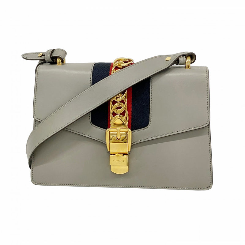 【6fd5554-k】グッチ ショルダーバッグ シルヴィ 421882 レザー グレー ゴールド金具【中古】レディース