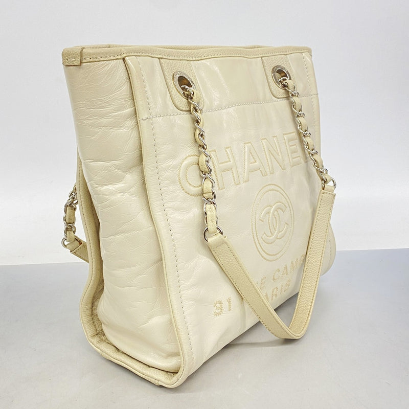 【6fd5598-k】シャネル チェーントート ドーヴィル レザー アイボリー シルバー金具【中古】レディース