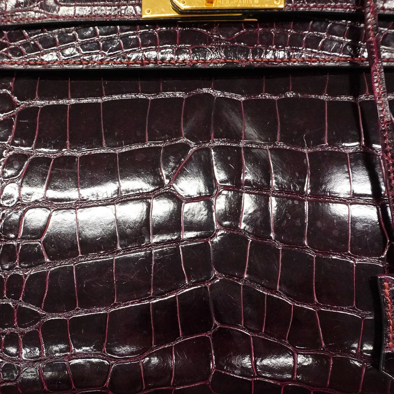 【6fd5605-g】エルメス ハンドバッグ ケリー28 アリゲーター ボルドー ゴールド金具 〇W刻印【中古】レディース