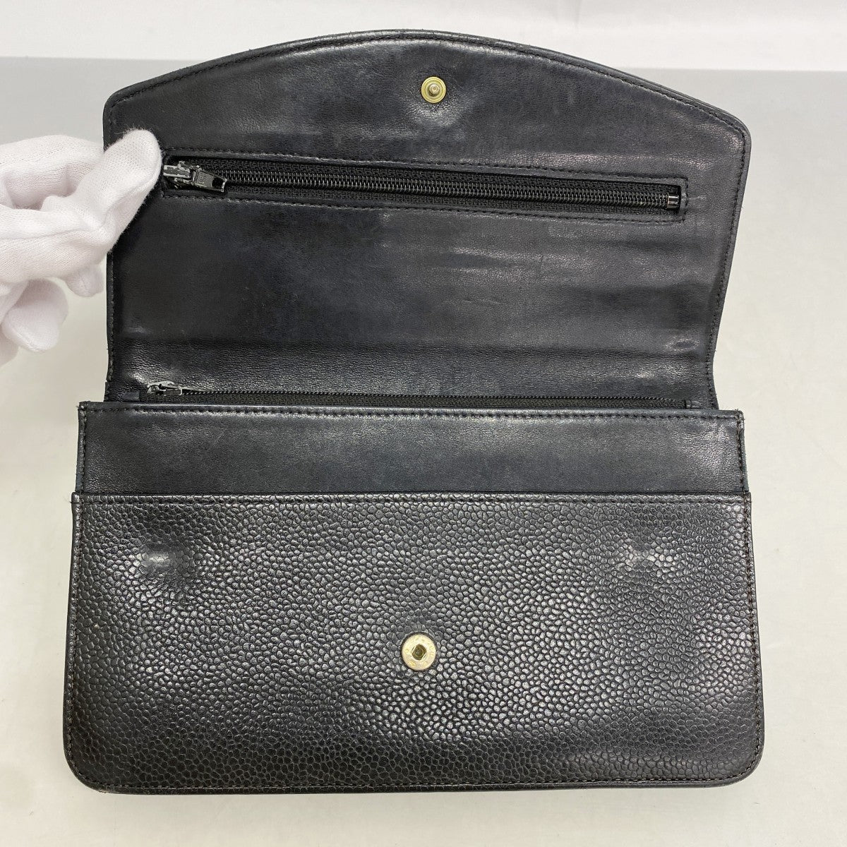 【6fd5615-k】シャネル 長財布 キャビアスキン ブラック ゴールド金具【中古】レディース