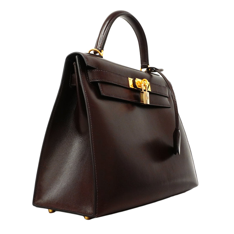 【6fd5775】エルメス ハンドバッグ ケリー28 ボックスカーフ ハバナ ゴールド金具 □E刻印 2wayバッグ【中古】レディース