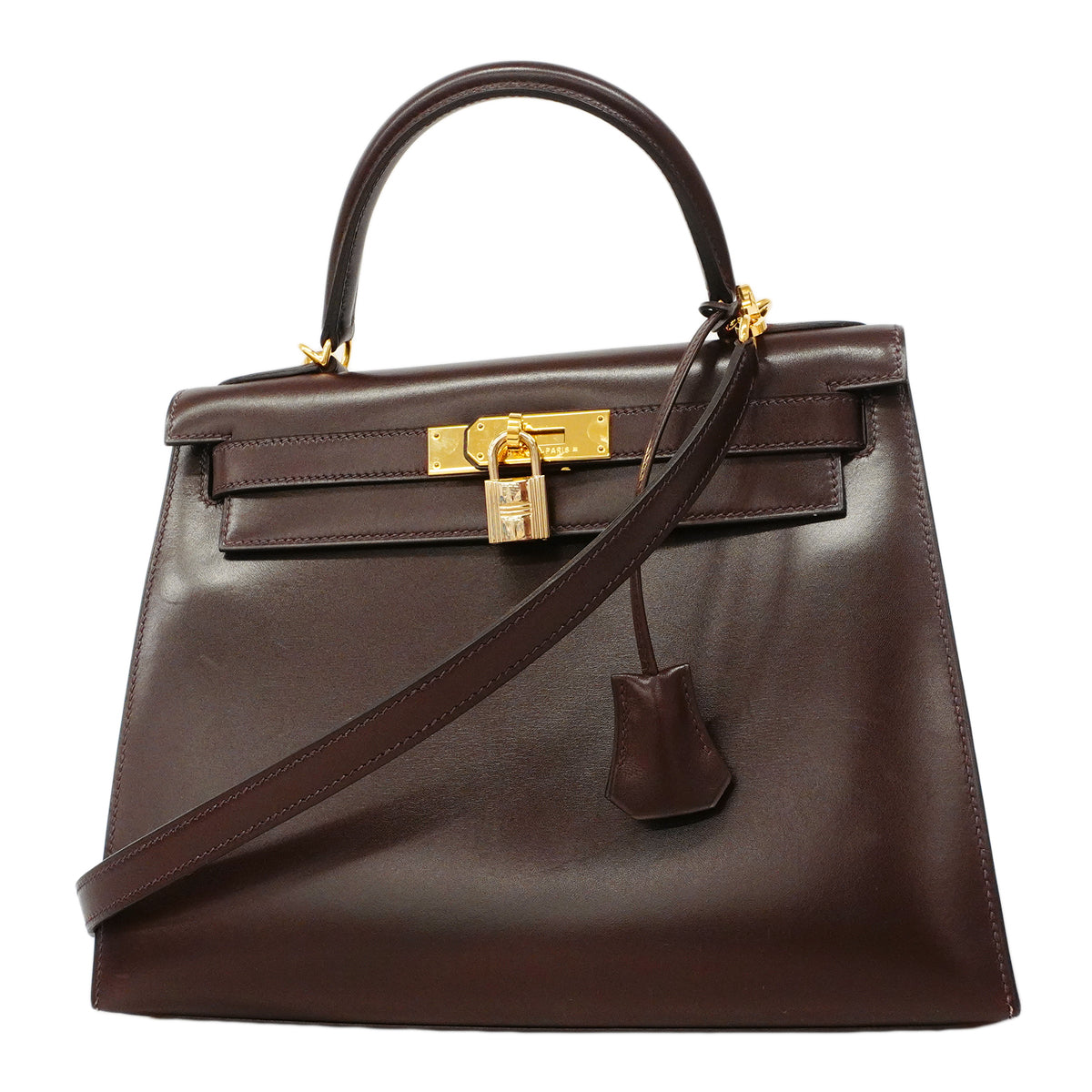 【6fd5775】エルメス ハンドバッグ ケリー28 ボックスカーフ ハバナ ゴールド金具 □E刻印 2wayバッグ【中古】レディース