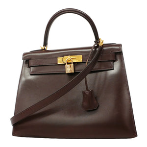 ★SALE【6fd5775】エルメス ハンドバッグ ケリー28 ボックスカーフ ハバナ ゴールド金具 □E刻印 2wayバッグ【中古】レディース