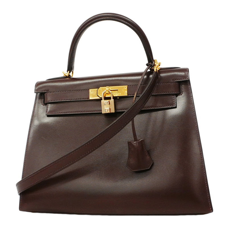 【6fd5775】エルメス ハンドバッグ ケリー28 ボックスカーフ ハバナ ゴールド金具 □E刻印 2wayバッグ【中古】レディース