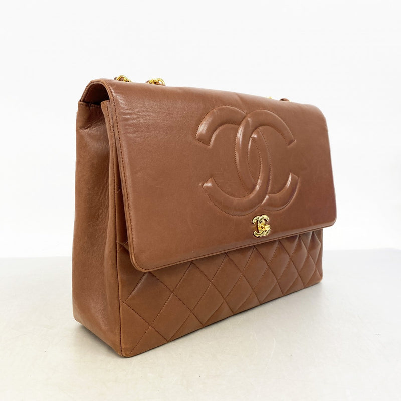 【6fd5877】シャネル ショルダーバッグ デカマトラッセ チェーンショルダー ラムスキン ブラウン ゴールド金具【中古】レディース