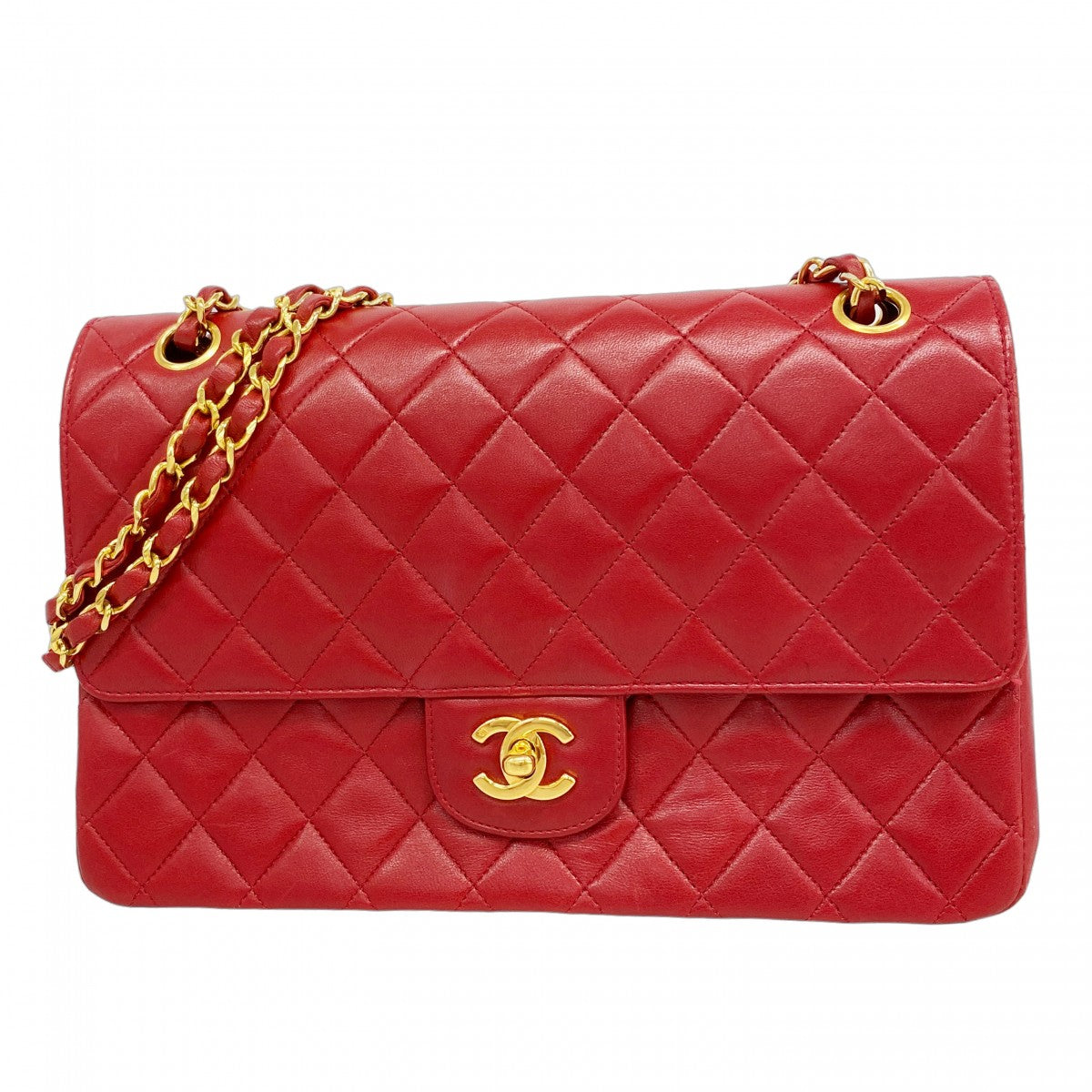 【6fd5926】シャネル ショルダーバッグ マトラッセ Wフラップ Wチェーン ラムスキン レッド ゴールド金具【中古】レディース