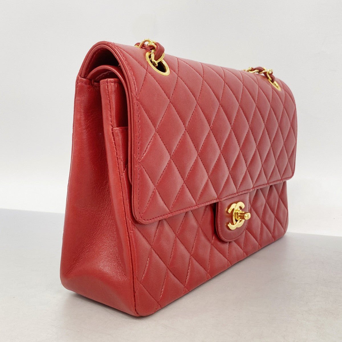 【6fd5926】シャネル ショルダーバッグ マトラッセ Wフラップ Wチェーン ラムスキン レッド ゴールド金具【中古】レディース