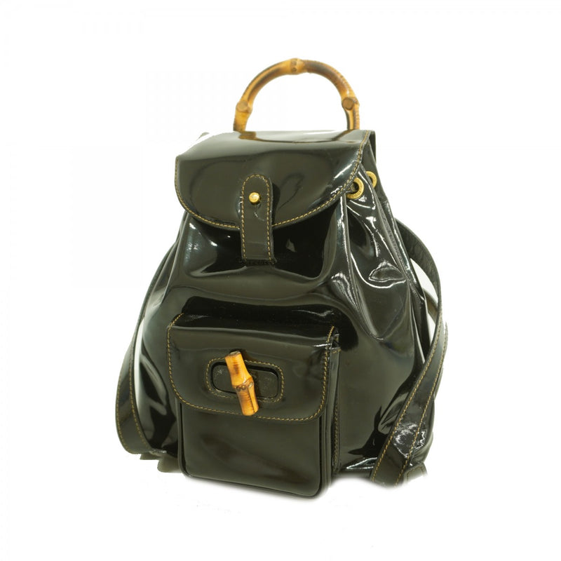 【6fd5955】グッチ リュック・デイパック バンブー 003 1705 0030 エナメル ブラック ゴールド金具【中古】レディース